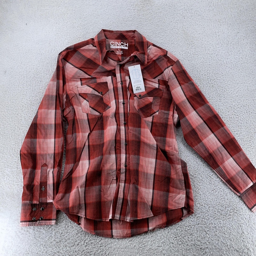 Cinch Shirt Mens Large Modern Fit Red Plaid Western Snap Long Sleeve MTW1337001